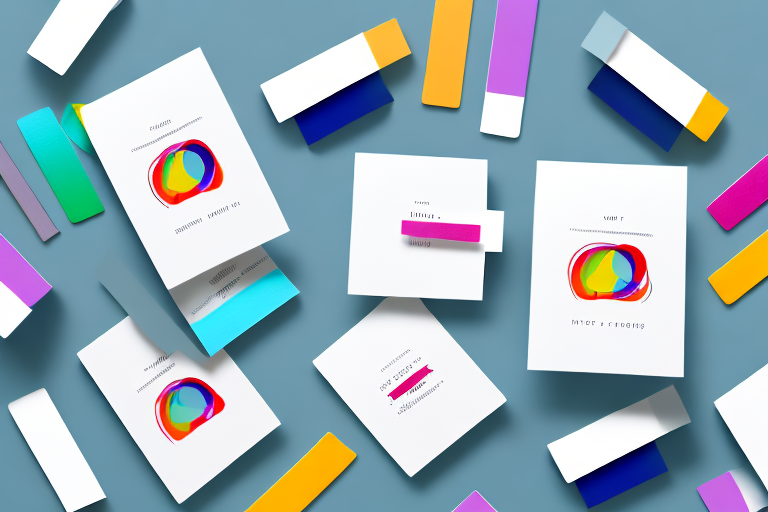 Five colorful flash cards scattered across a white background